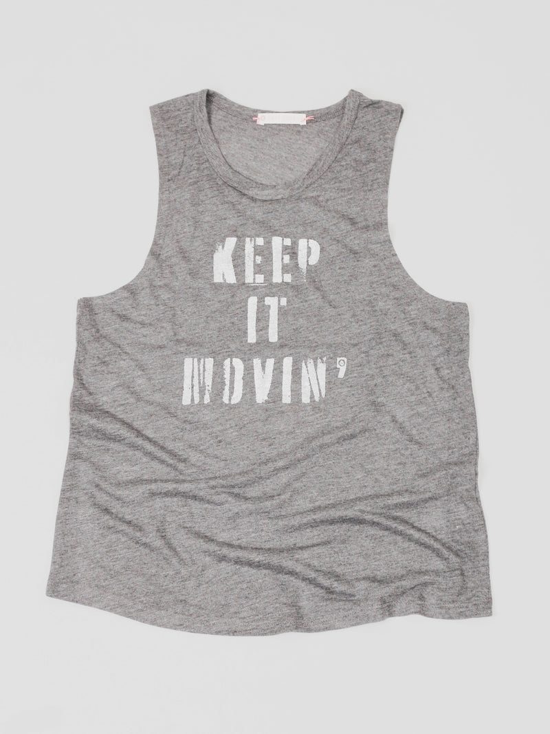 Keep it Movin' Graphic Muscle Tank – Heather Gray/White