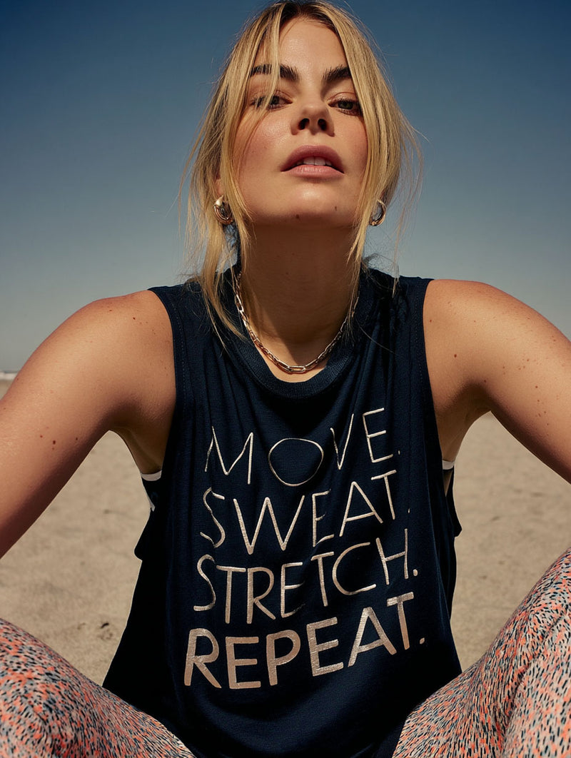 Move. Sweat. Stretch. Repeat. Graphic Muscle Tank – Black/Rosegold