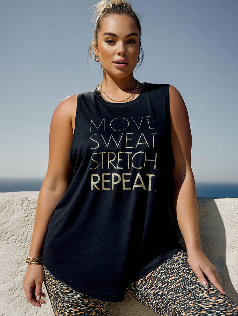 Move. Sweat. Stretch. Repeat. Graphic Muscle Tank – Black/Rosegold