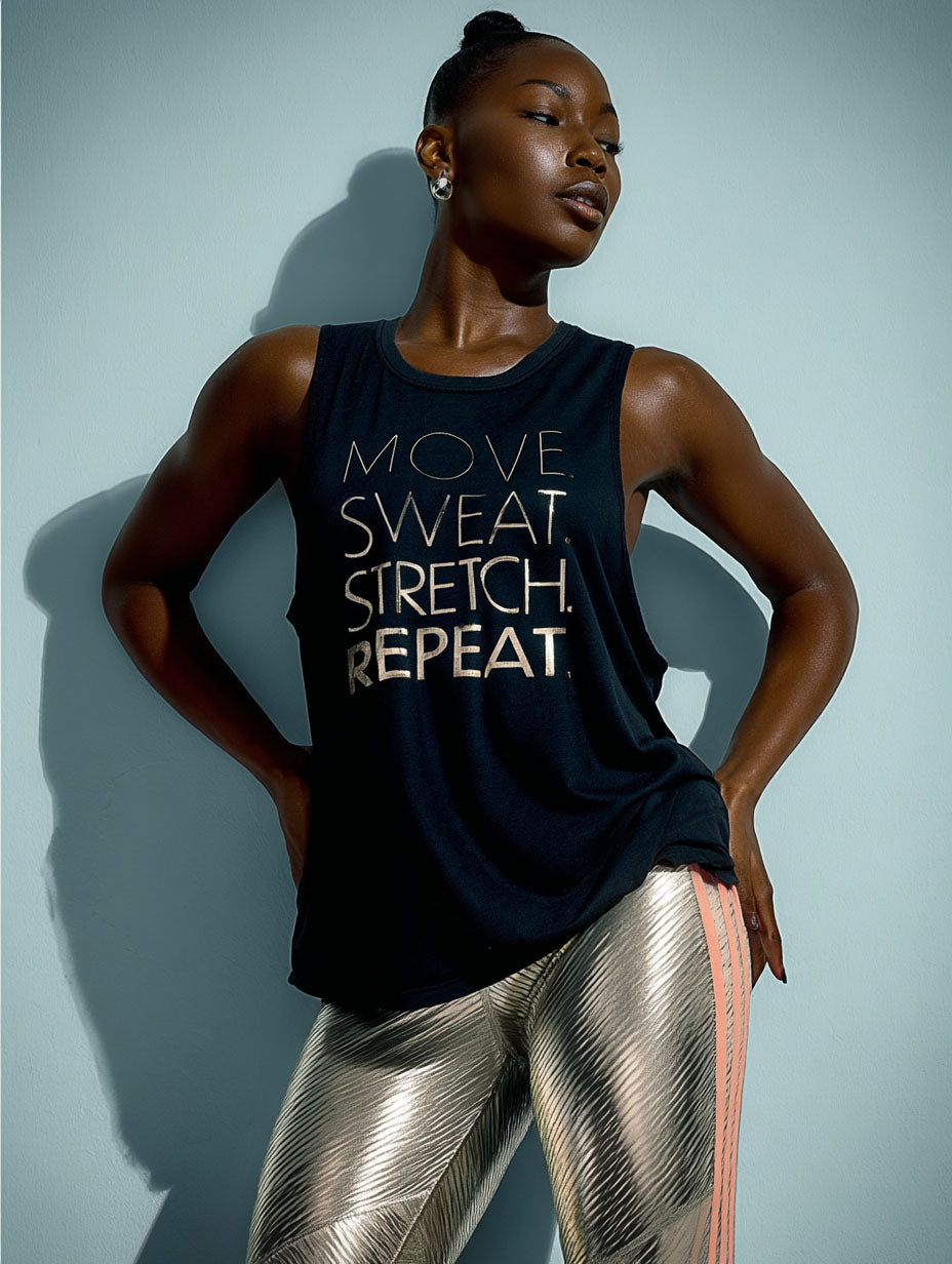 Move. Sweat. Stretch. Repeat. Graphic Muscle Tank – Black/Rosegold