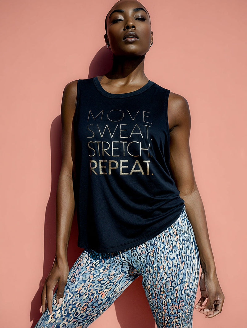 Move. Sweat. Stretch. Repeat. Graphic Muscle Tank – Black/Rosegold