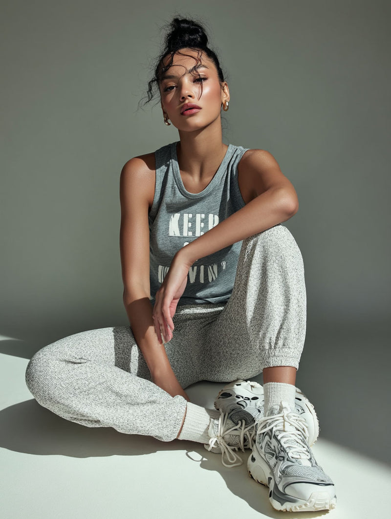Keep it Movin' Graphic Muscle Tank – Heather Gray/White