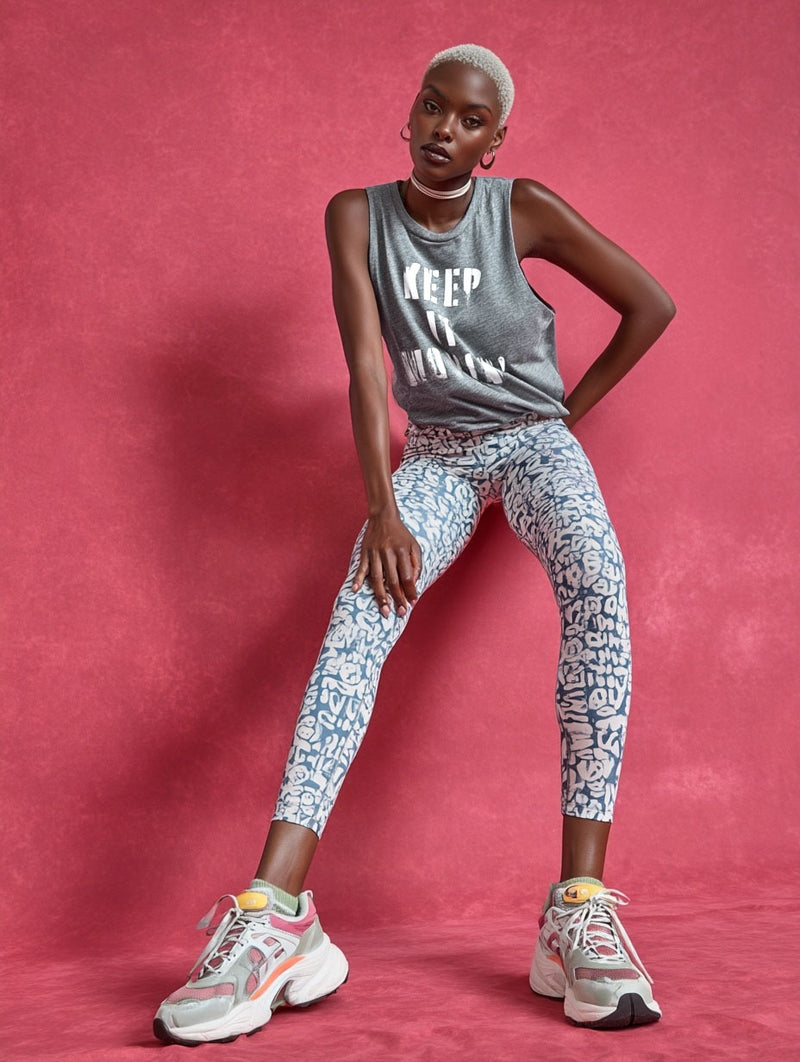 Keep it Movin' Graphic Muscle Tank – Heather Gray/White