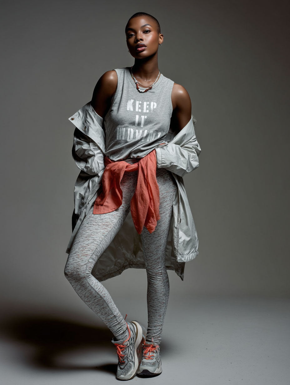 Keep it Movin' Graphic Muscle Tank – Heather Gray/White