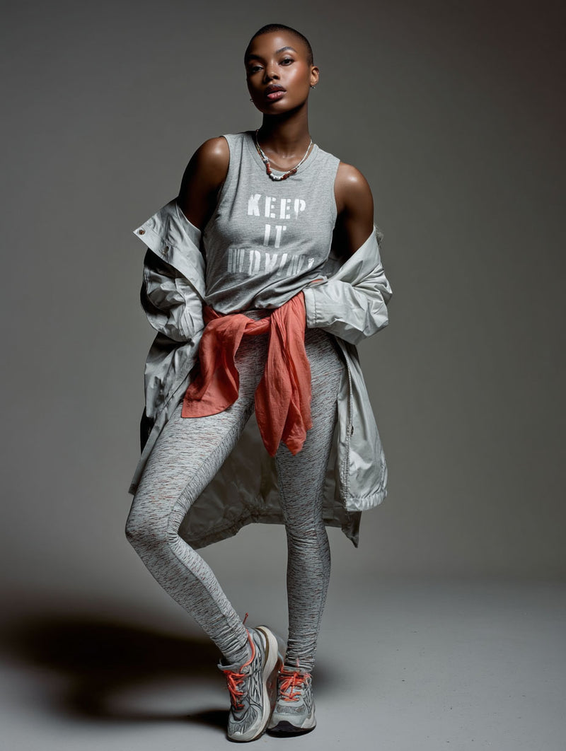 Keep it Movin' Graphic Muscle Tank – Heather Gray/White