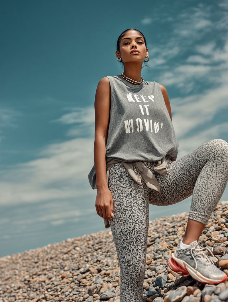 Keep it Movin' Graphic Muscle Tank – Heather Gray/White