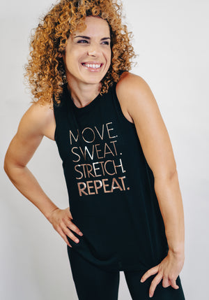 Move. Sweat. Stretch. Repeat. Graphic Muscle Tank – Black/Rosegold