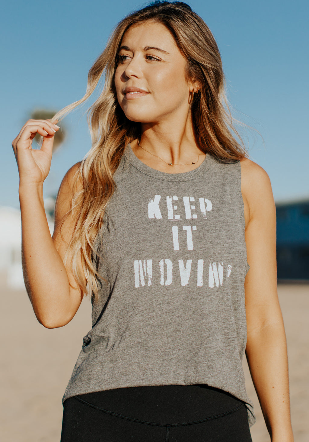 Keep it Movin' Graphic Muscle Tank – Heather Gray/White